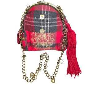 B.B. Dakota Red & Black Plaid Tartan Bag With Gold Chain Strap & Crest Motif